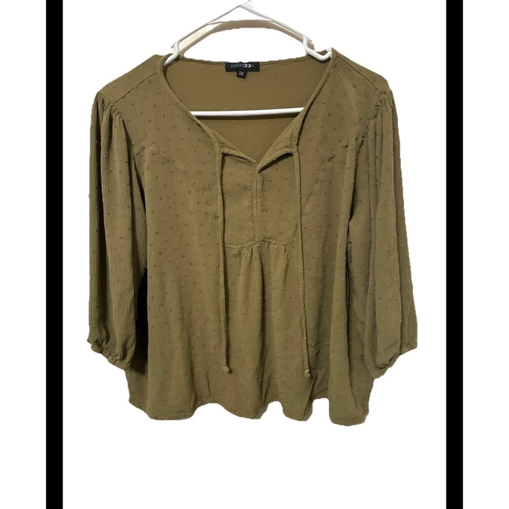 Paper Moon Olive Green Swiss Dot Peasant Blouse Split Neck Tie Top Kids XXL